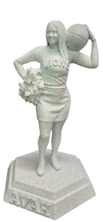 Custom cheer trophy figure with pom-poms and basketball