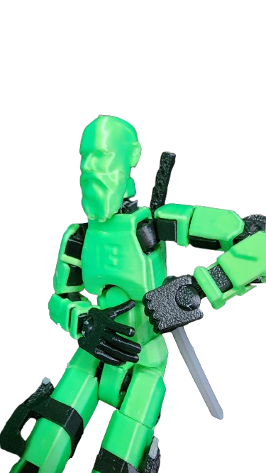 Articulated action figure with a custom sculpted head, in green filament