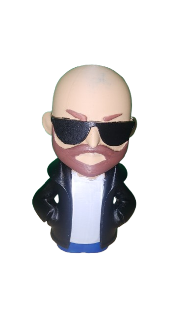 Custom articulated figure with sunglasses, beard, and leather jacket, hand-painted and printed by Spazz Shack